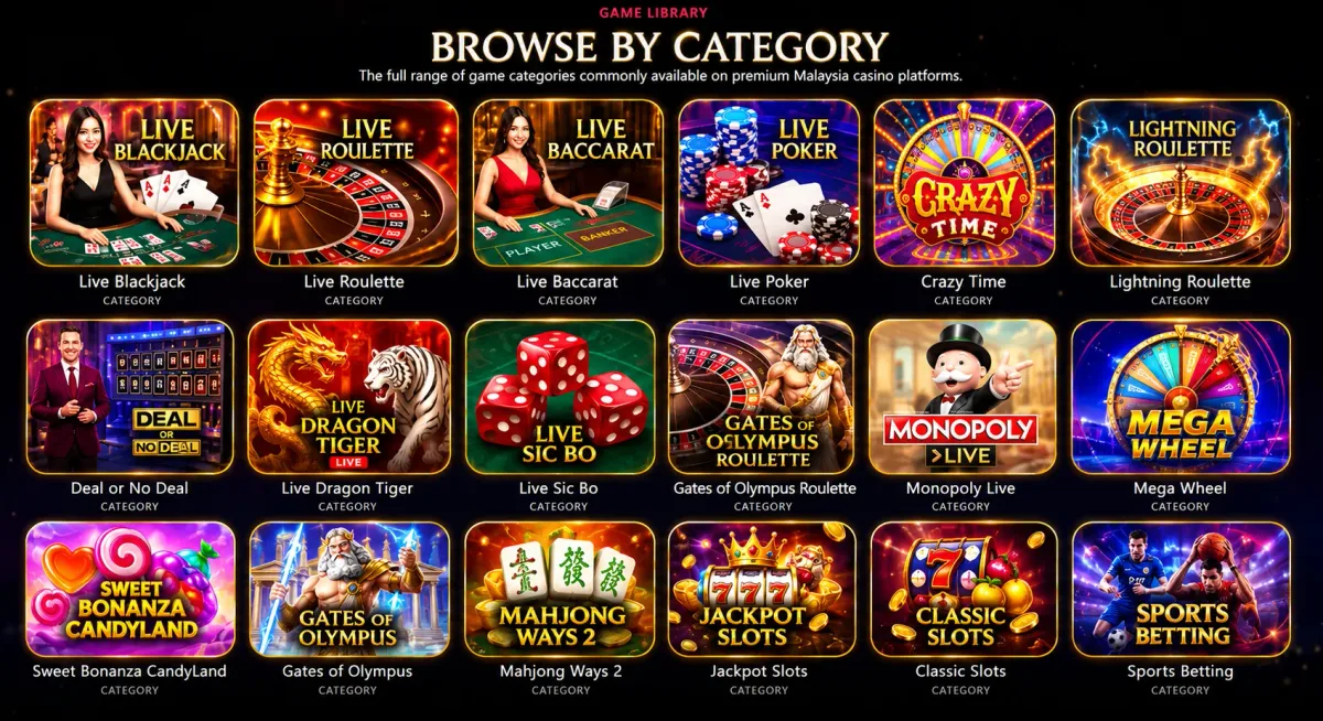 BK8 game library categories: live blackjack, live roulette, live baccarat, live poker, Crazy Time, Sweet Bonanza, Gates of Olympus, Mahjong Ways 2, slots and sports betting