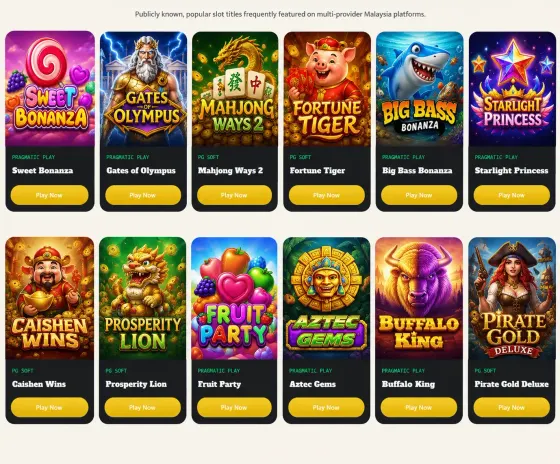 Most played casino games in Malaysia — Sweet Bonanza, Gates of Olympus, Mahjong Ways 2, Fortune Tiger, Big Bass Bonanza, Starlight Princess, Caishen Wins, Prosperity Lion, Fruit Party, Aztec Gems, Buffalo King and Pirate Gold Deluxe